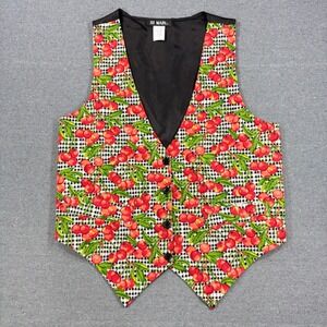 111 Main Vest Women S/M Black Red Cherry Gingham Print Cotton Button Front Retro